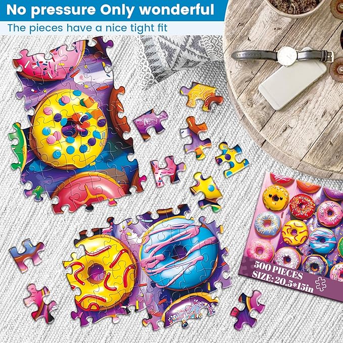 500 Pieces Puzzles for Adults–Colorful Donuts Puzzle for Adults Elderly–Recycled Paper Jigsaw Puzzle 500 Pieces–Glossy, Sturdy Pieces Challenging Family Game Great Gift Idea (20.5x15in)