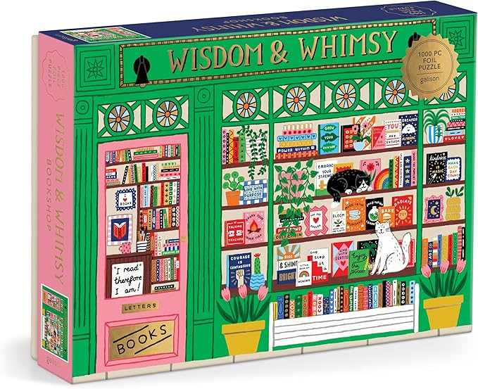 Galison Wisdom & Whimsy – 1000 Piece Foil Jigsaw Puzzle Featuring Beautiful Artwork of A Bookshop Scene