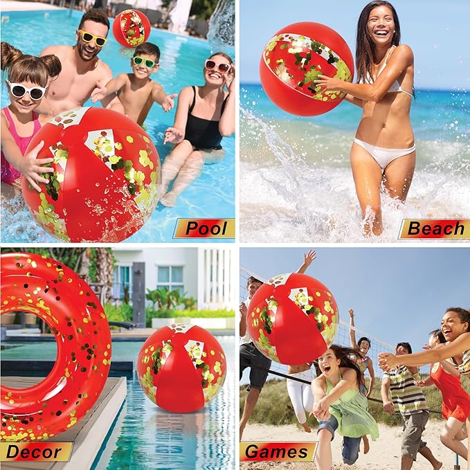 POZA Inflatable Beach Balls - Elegant Glitter Confetti Premium Floaters, Heavy Duty Vinyl Floatation Pool Toys for Pool Beach Party, UV Resistant Pool Décor