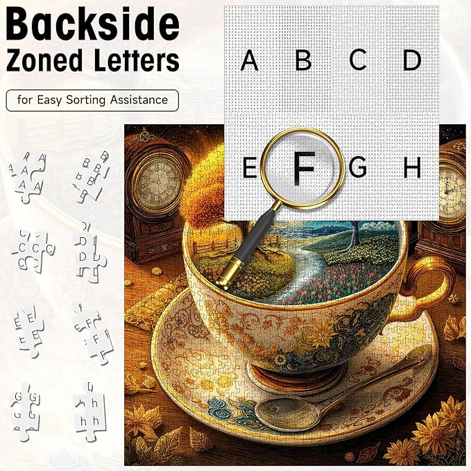 1000 Pieces Jigsaw Puzzles for Adults, Surreal Tea Cup with Vintage Clocks & Autumn Landscape Puzzle with Letters on Back, 22.8×22.8 Inch Hard Difficult Challenging Adult Puzzle for Gift & Home Decor