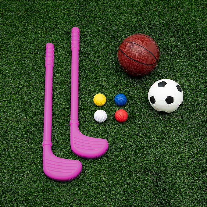 Delta Children Disney Minnie Mouse 4-in-1 Sports Center – Adjustable Easy Score Basketball Hoop, Soccer/Hockey Net and Golf Game, 4 Golf/Hockey Balls, Pink