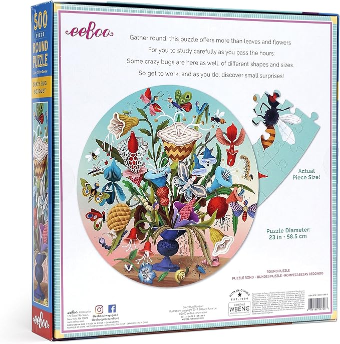 eeBoo 500 Piece Puzzle - Crazy Bug Bouquet Jigsaw Puzzle for Adults, Circular with 23" Diameter Made with Recycled Board & Vegetable-Based Ink