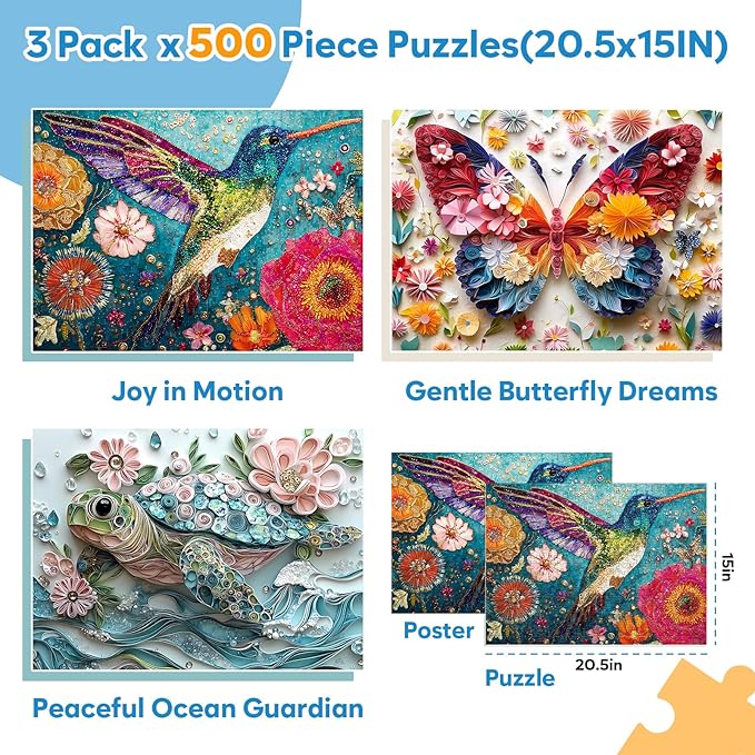 3 Pack 500 Piece Puzzles for Adults, Colorful Butterfly Flower Turtle Hummingbird Puzzle for Adults Seniors, Unique Jigsaw Puzzle, Challenging Family Games Gifts for Friends Men Women 20.5 * 15In