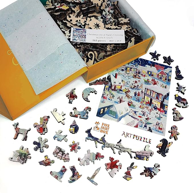Wooden Jigsаw Puzzle for Adults - Uniquely Shaped Pieces - Made in The USA by FoxSmartBox - 263 Pieces - Christmas eve at Yapp's Crossing