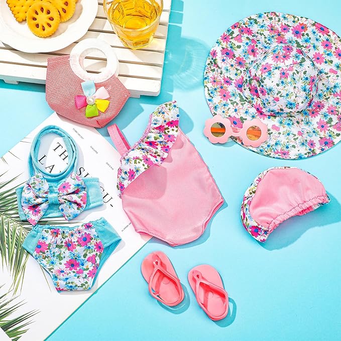 Kajaia 8 Pcs 18 Inch Doll Clothes and Accessories Summer Dolls Swimsuits Beach Playsets Include Doll Swimsuit Bikini Dress Flip Flops Hat Sunglasses Handbag Swim Accessories for 18 Inch Girl Dolls