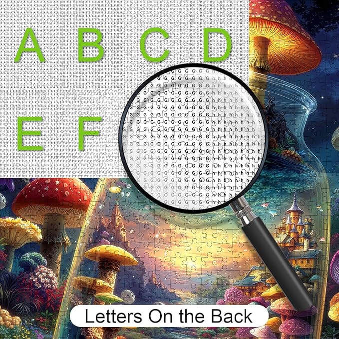 Magical Bottle World 1000 Piece Puzzle for Adults - Fantasy Mushroom Castle & Moonlit Night Art, Lettered Backing, 20"x28" HD, Premium Gift for Fantasy & Nature Lovers