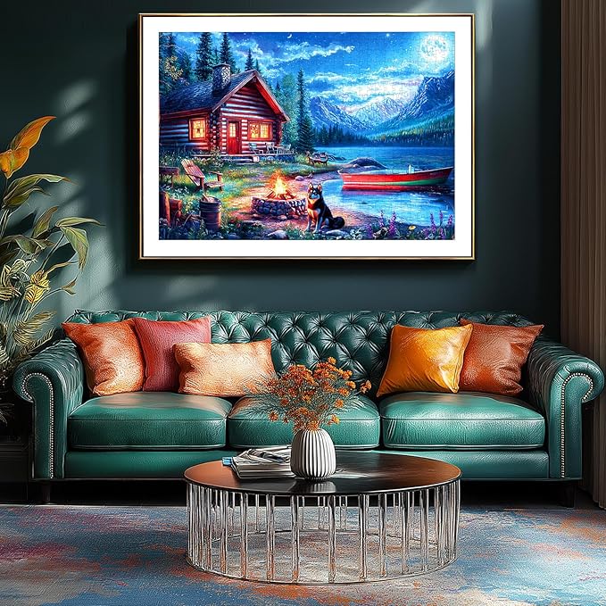 Moonlit Lake Cabin 500 Piece Jigsaw Puzzle for Adults & Seniors, Night Scenery Puzzle with Log Cabin, Lake, Mountains Adult Jigsaw Puzzles with Letters on Back Fun Family Puzzle Gift