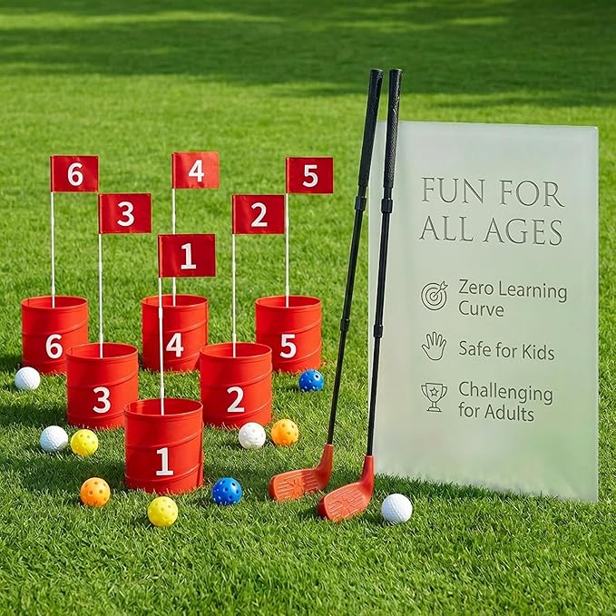 Premium Backyard Golf Game Set – Ultimate 6-Hole Outdoor Course with 2 Upgraded Adjustable Clubs, 12 Practice Balls & Carry Bag – Fun Lawn & Tailgate Games for Adults, Family, Camping