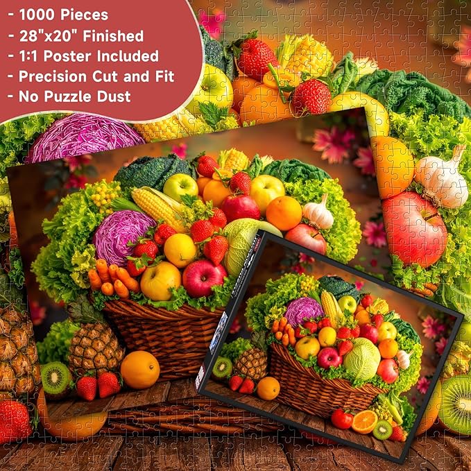 Vibrant Harvest Fruit & Vegetable Basket 1000 Piece Puzzle for Adults - Fresh Produce Art, Farm Scene, Poster & Lettered Back, 28"x20" HD, Gift for Food & Nature Lovers