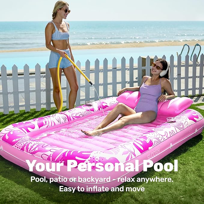 SLOOSH Inflatable Tanning Pool Lounger Float, 85" x 57" Extra Large Pool Floats Adult with Pillow, 4 in 1 Suntan Tub Raft Floatie,Sunbathing Bed Lounge Blow Up Ball Pit Party Gifts, XL-Hot Pink
