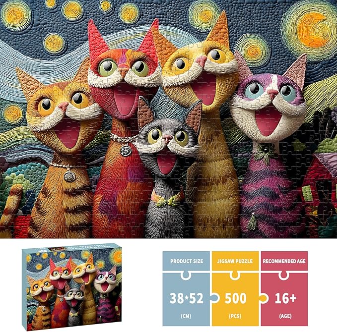 Puzzles for Adults 500 Pieces, Cat Jigsaw Puzzles -Starry Night Chorale, Impossible Starry Night Puzzles for Seniors Family, 20.47x14.96 inches, 1:1 Poster, Letter on The Back