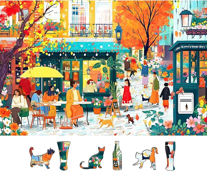 Autumn Cafe Scene Puzzle for Adults 500 Pieces Colorful Street Jigsaw Puzzle with Letters on Back Fall City Street Landscape Challenging Puzzle Ideal for Family Game Nights & Seniors (23''×15'')