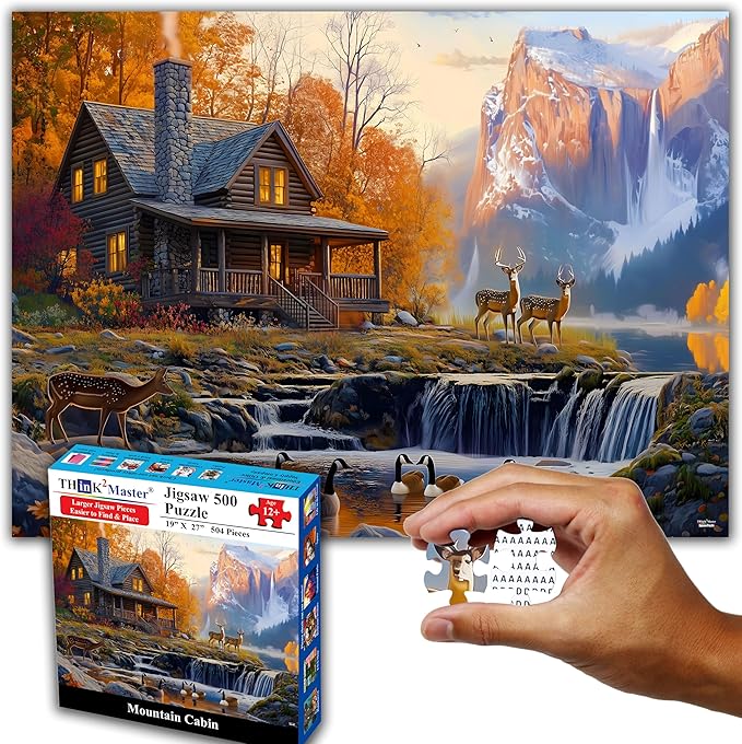 Think2Master Cabin by The Falls 500 Pieces Large Format Jigsaw Puzzle: 13+, Teens, Adults & Families. Scenic Autumn Mountain Landscape with Log Cabin, Waterfall. Great Gift. Size: 26.8” X 18.9”