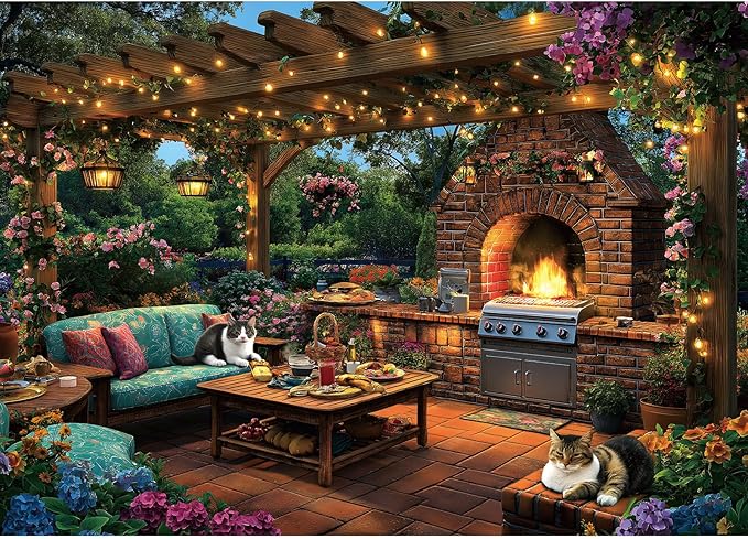 MINIWAN 1000 Piece Jigsaw Puzzle for Adults - Challenging Garden Patio Scene with Twinkling Lights, Vibrant Hydrangeas - 27.5"x19.7" Art Puzzle, Unique Gift for Game Nights