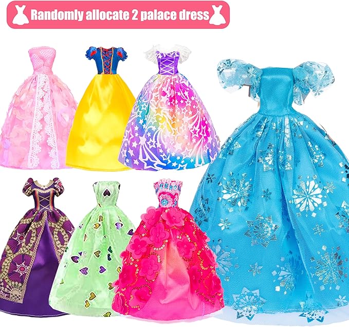 48 pcs Doll Clothes and Accessories, 2 Long Princess Dress, 2 Long Party Dresses, 2 Short Dresses, 2 Tops, 2 Pants, 5 Slip Skirts, 2 Bikinis and 31pcs Doll Accessories for 11.5 inch Dolls (No Doll)