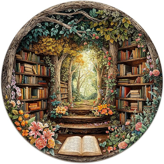 1000 Piece Round Jigsaw Puzzles for Adults, Forest Bookshelf Library, 26.5" Large Circular Puzzle with Letters on Back, Challenging Family Game & Wall Decor, Ideal Gift for Book Lover