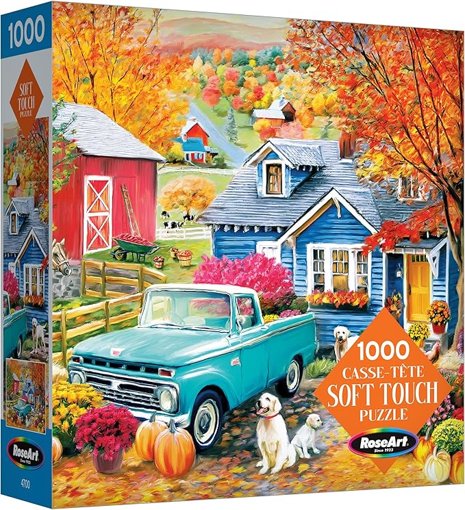 RoseArt - Soft Touch - Autumn Hill Cottage - 1000 Piece Jigsaw Puzzle, Autumn Country Scene Puzzle for Adults - Made in USA