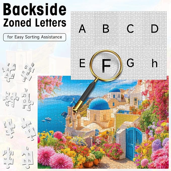 1000 Pieces Jigsaw Puzzles for Adults, Santorini Landscape Puzzle with Letters on Back, Hard Difficult Challenging Adult Puzzle for Family Game & Holiday Decor Gift