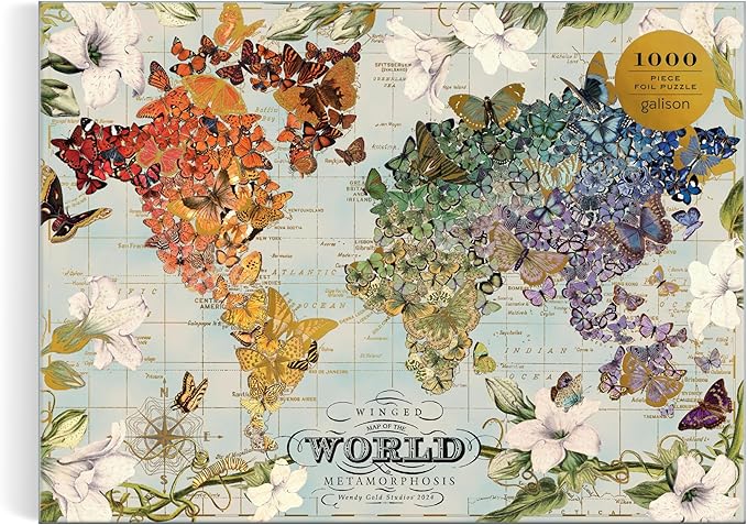 Galison Winged Metamorphosis – 1000 Piece Wendy Gold FOIL Jigsaw Puzzle Featuring Beautiful Artwork of A Butterfly Inspired World Map