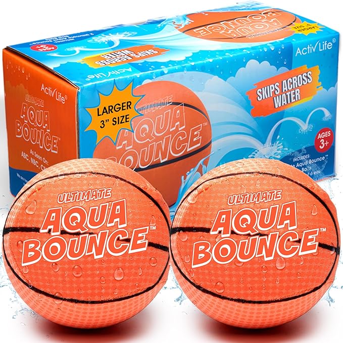 Activ Life Ultimate 2 Pack Larger 3” Water Skip Balls - Bouncing Balls for Swimming Pool & Beach Fun - Designs Include Baseball, Basketball, Volleyball, and Tennis for Kids, Friends, and Family