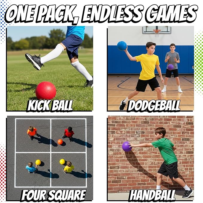 7-inch Dodgeballs For Kids & Adults (6 Pack) - Rubber Kickball Playground Four Square Balls With Pump - Colorful Indoor Or Outdoor Play Sports Balls For School PE Class, Recess, Backyard Game