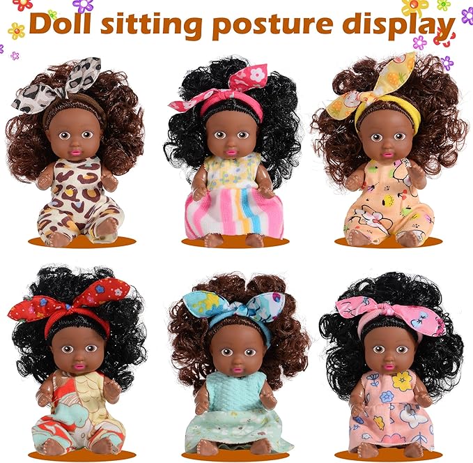 dollbie Adorable 6 Pack African Girl Dolls - Posable 4-Inch African American Dolls with Curly Hair & Stylish Outfits