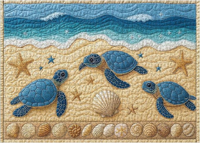 Sea Turtle Beach Puzzle for Adults 1000 Pieces, Quilt Sewing Art Jigsaw Puzzle, Ocean Seashell Starfish Puzzle