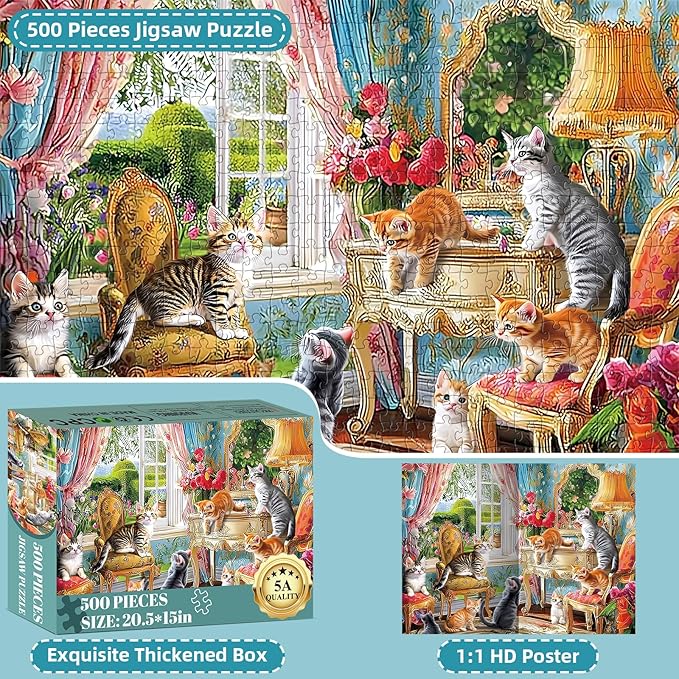 Puzzles for Adults 500 Pieces,Cute Cats Puzzle for Adults,Cozy House & Kittens Jigsaw Puzzles,Recyclable Cardboard Puzzles for Seniors,Puzzle for Family Game Nights, 20.5x15 in