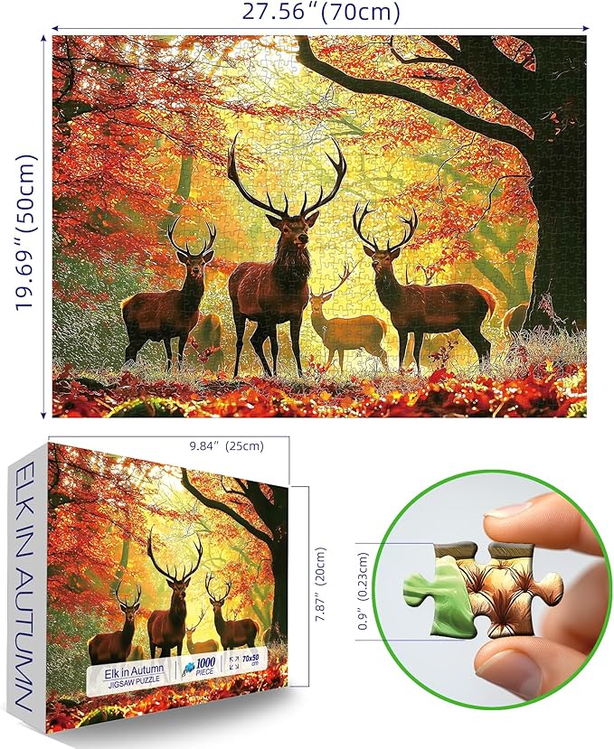 MINIWAN Autumn Fall Forest Red Stags Puzzles for Adults 1000 Pieces, Golden Sunlight Red Maple Deer Jigsaw Puzzle, Gift for Wildlife & Nature Landscape Lovers 27.5x19.7 Inch