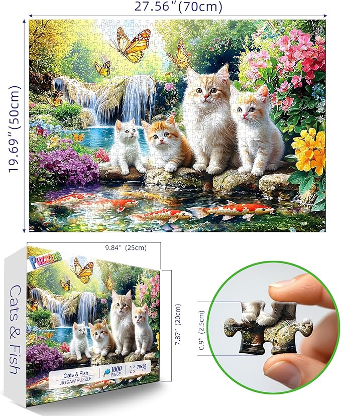 Puzzles for Adults 1000 Pieces, Fun Cats & Koi Fish - Waterfall Scene with Butterflies, Animal Pet Lover Jigsaw Puzzle 1000 Pieces Challenging Perfect for Game Nights (27.5"x19.7")