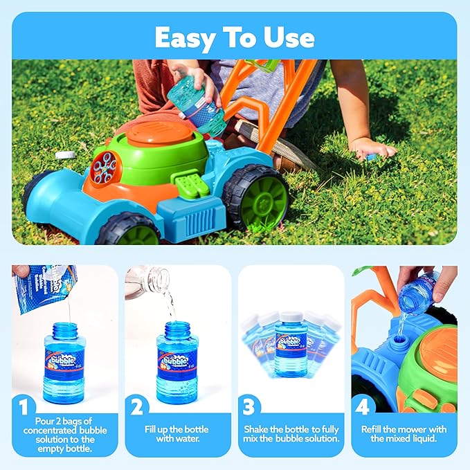 SLOOSH Bubble Lawn Mower Toddler Toys - Spill-Proof Bubble Machine Pretend Gardening Play Toy for Age 1 2 3 1-3 Year Old Baby Boys Indoor Outdoor Use, Easter Basket Stuffers Birthday Gifts (Blue)