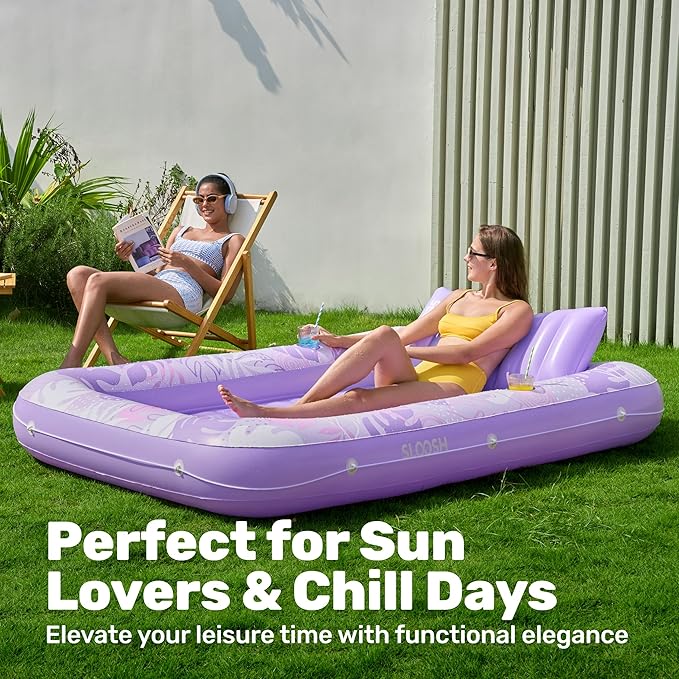 SLOOSH Inflatable Tanning Pool Lounger Float, 85" x 57" Pool Floats Adult with Pillow, 4 in 1 Suntan Tub Raft Floatie,Sunbathing Bed Lounge for Water Blow Up Ball Pit Party Gifts, L-Purple