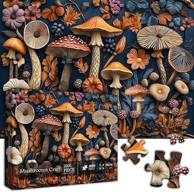 Vintage Mushroom Puzzles for Adults 1000 Pieces, Nature Mushroom Forest Flower Puzzle Art, Unique Plant Jigsaw Puzzle Retro, Impossible Challenging Puzzles for Adults