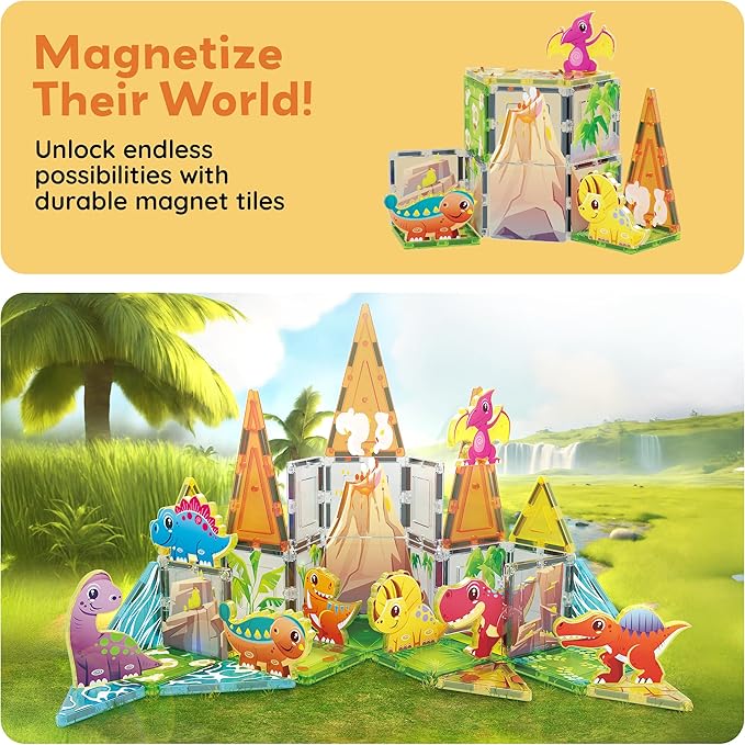 PicassoTiles Magnet Tiles Building Blocks Dinosaur Theme Set with 8 Magnetized Action Figures Magnetic Construction Build and Play Toy with Magnets STEM Learning Activities for Toddlers 3+ PTQ13