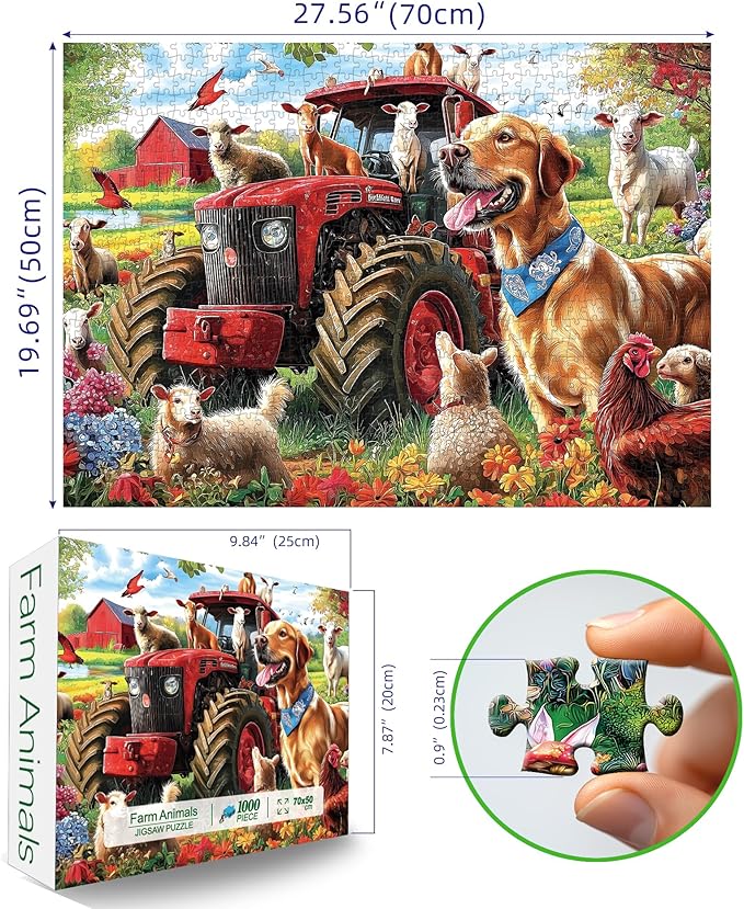 MINIWAN Cozy Country Farm Animals with Golden Retriever Puzzles for Adults 1000 Pieces, Red Tractor Goats Chicken Farm Jigsaw Puzzle, Gift for Farm & Dog Lovers 27.5x19.7 Inch