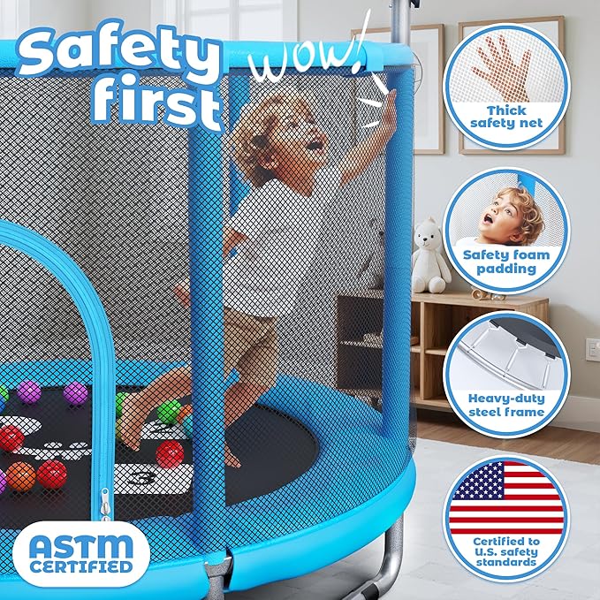 Happin® 55’’ Trampoline for Kids with Safety Enclosure, Indoor & Outdoor Toddler Trampoline, Ultra Safe Design with Multi Activity Accessories, Perfect Toddler Gift for Boys & Girls Ages 1–8