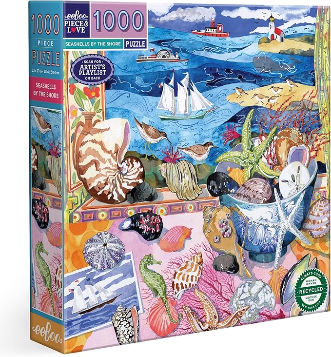 eeBoo 1000 Piece Puzzle - Seashells by The Shore Jigsaw Puzzle for Adults, Square 23" x 23" Made with Recycled Board & Vegetable-Based Ink