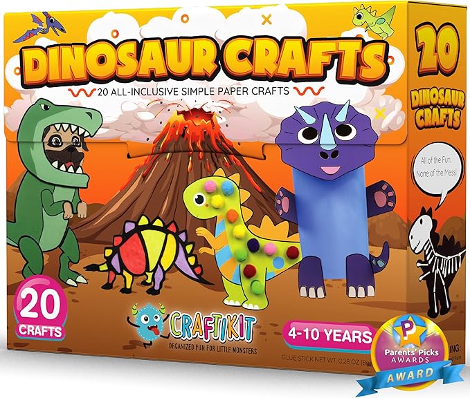 Craftikit® 20 Award-Winning Dinosaur Crafts for Kids - All-Inclusive Fun Dinosaur Crafts for Kids Ages 3-10 - Organized Toddler Craft Kit