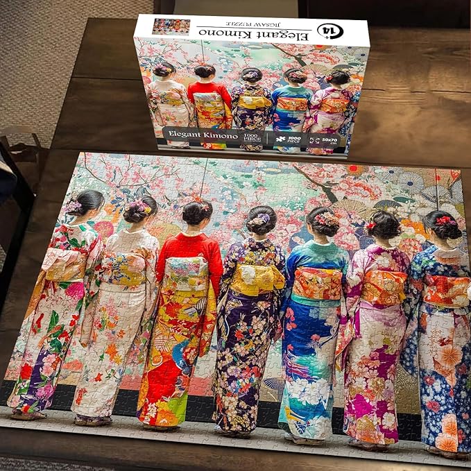 PICKFORU Elegant Kimono Puzzles for Adults 1000 Pieces, Intage Cherry Blossom Geisha Puzzles, Colorful Unique Japanese Art Puzzle as Wall Decor