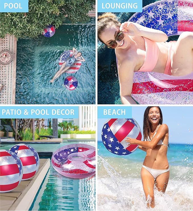 POZA Inflatable USA Pool Float - Luxurious Fun Lounger Filled with Sparkle Silver Stars Confetti, Cool USA Flag Design Water Swimming Pool Floaties for Beach, Lake & Pool