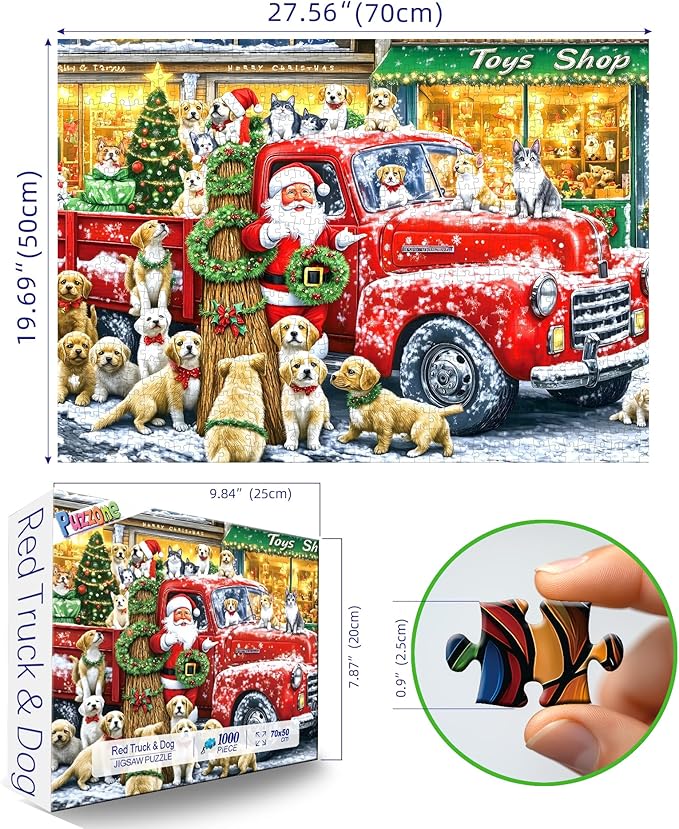 Christmas Puzzle Jigsaw Puzzles for Adults 1000 Pieces Red Truck and Dog, Santa Claus Toy Shop with Letters on Back No Dust for Holiday Party Family Fun Decor, Finished Size 27.5" x 19.7"