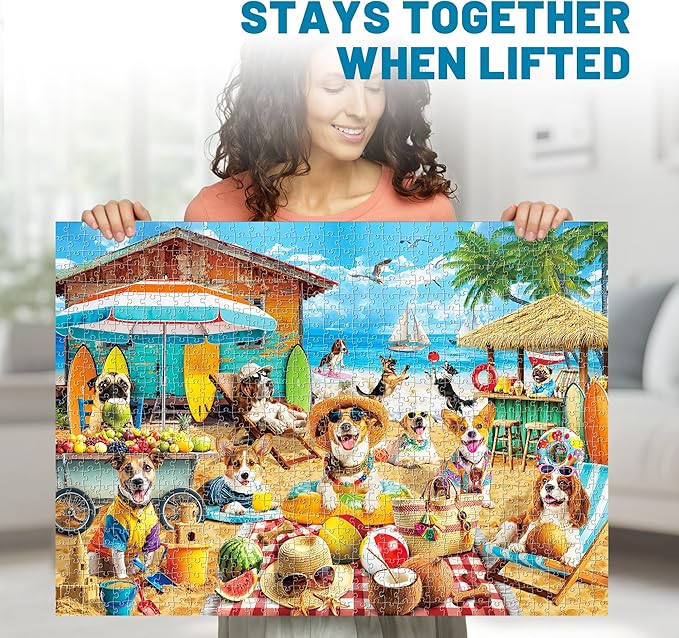 BenBen Puzzles for Adults 1000 Pieces, Dogs on Vacation, Funny Dog Jigsaw Puzzles with Patterns on Back, Challenging Puzzles for Family Game Night Home Décor