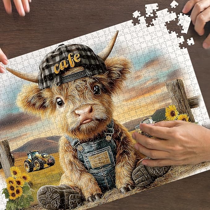 Puzzles for Adults 1000 Pieces, Highland Cow Jigsaw Puzzles - Cool Calf, Impossible Cow Puzzle for Seniors Family, 27.56 x 19.69 inches, 1:1 Poster, Letter on The Back