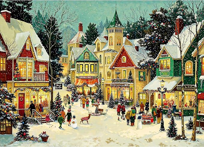 Christmas Puzzles for Adults 1000 Pieces, Winter Holiday Snow Town, 1000 Piece Puzzle for Adults Seniors, Christmas Vacation Jigsaw Puzzles with Letters on Back, Fun Gifts Decor, 1:1 Poster