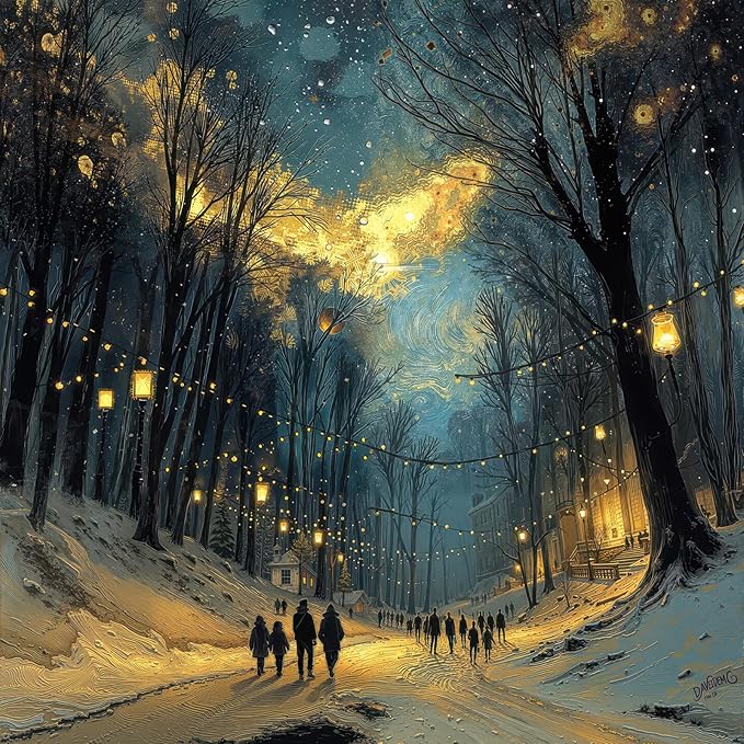 Starry Night Winter Stroll 1000 Piece Puzzle for Adults - Van Gogh Inspired Art, Snowy Lantern-Lit Path Scene, Poster & Lettered Back, 22.8" Square HD, Gift for Art & Winter Lovers