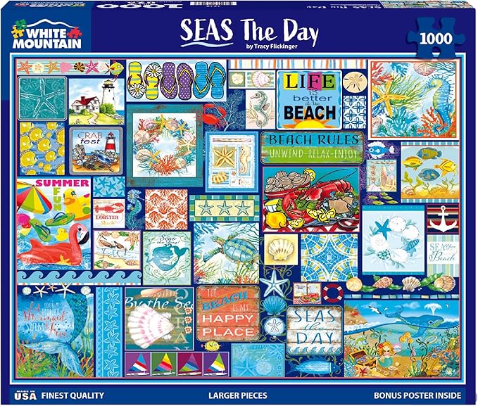 White Mountain 1000 Piece Jigsaw Puzzle Beach Life Collage Puzzles with Large Pieces for Adults and Family 24"x30" - Seas The Day