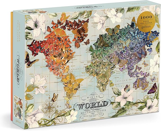 Galison Winged Metamorphosis – 1000 Piece Wendy Gold FOIL Jigsaw Puzzle Featuring Beautiful Artwork of A Butterfly Inspired World Map