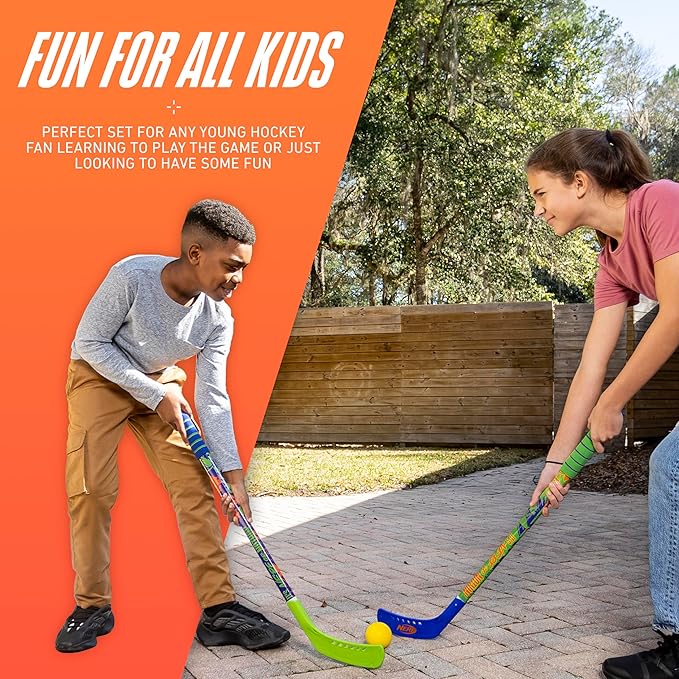 Franklin Sports NERF Proshot Kids Hockey Sticks + Ball Set - 2 Player Youth Indoor + Outdoor Set - 2 in 1 Knee + Floor Hockey - (2) NERF Proshot Youth Sticks + (1) Foam Ball Included