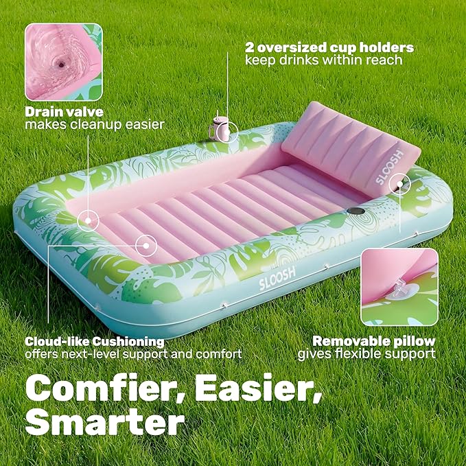 SLOOSH Inflatable Tanning Pool Lounger Float, 85" x 57" Extra Large Pool Floats Adult with Pillow, 4 in 1 Suntan Tub Raft Floatie,Sunbathing Bed Lounge for Water Blow Up Ball Pit, XL-Cyan Pink