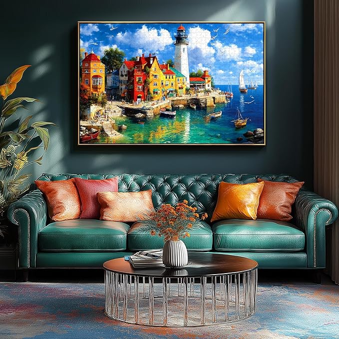 Colorful Coastal Lighthouse 1000 Piece Puzzle for Adults, Fun Puzzles for Adults 1000 Pieces with HD Print & Poster, 27.5 * 19.7 in Dust Free, for Gifts Halloween Christmas Family Games Lovers